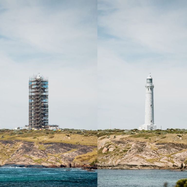 An image of Cape Leeuwin Lighthouse showing it with scaffolding and without