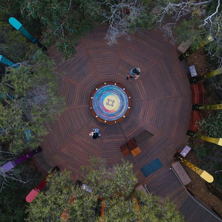 Aerial view of the Ancient Lands Experience boardwalk at Ngilgi Cave, with a family exploring the "Seasons of Ngilgi" interpretation.