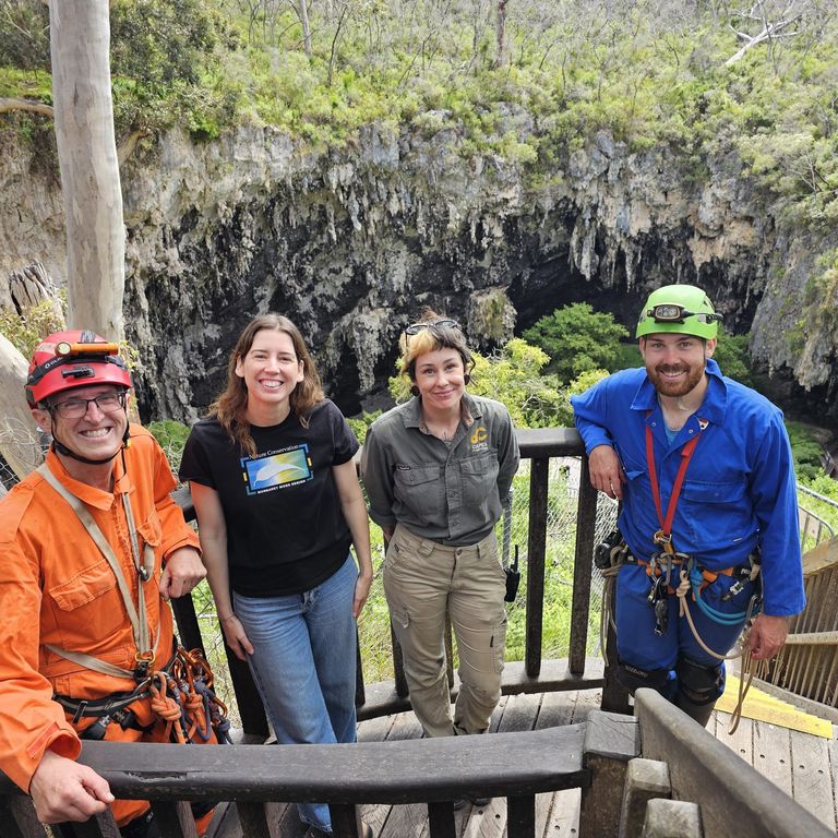 Four people standing at the top of the Lake Cave doline