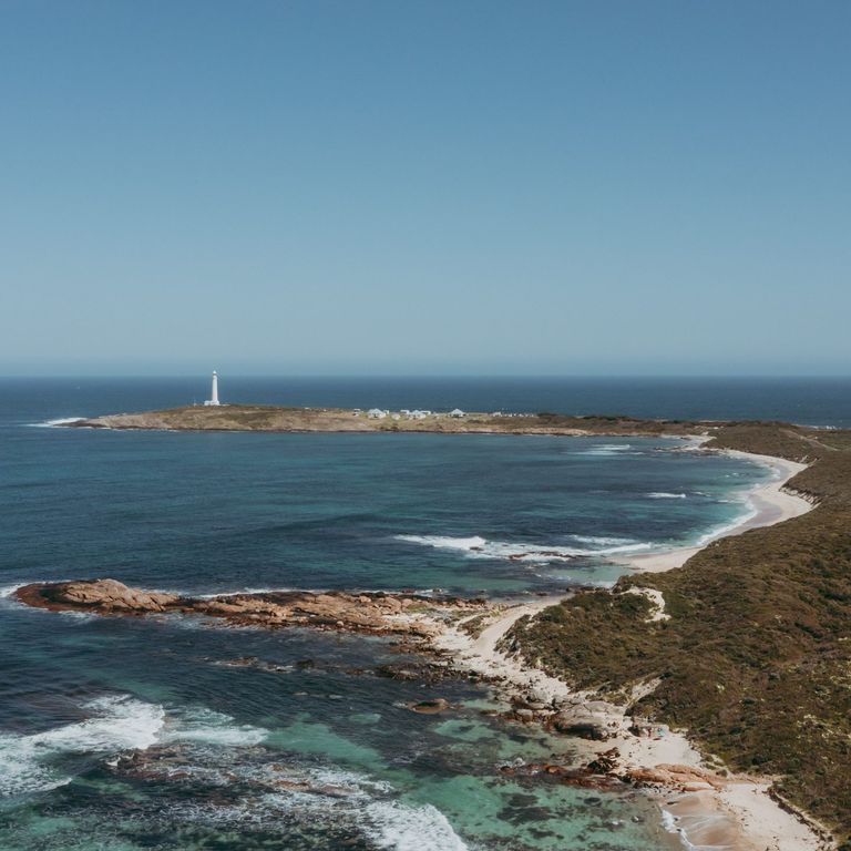 Aerial image of the coastline looking towards Cape Leeuwin Lighthouse