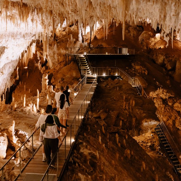 Visitors walk along an elevated boardwalk inside Jewel Cave, surrounded by stalagmites and stalactites in a large, warmly lit limestone chamber.