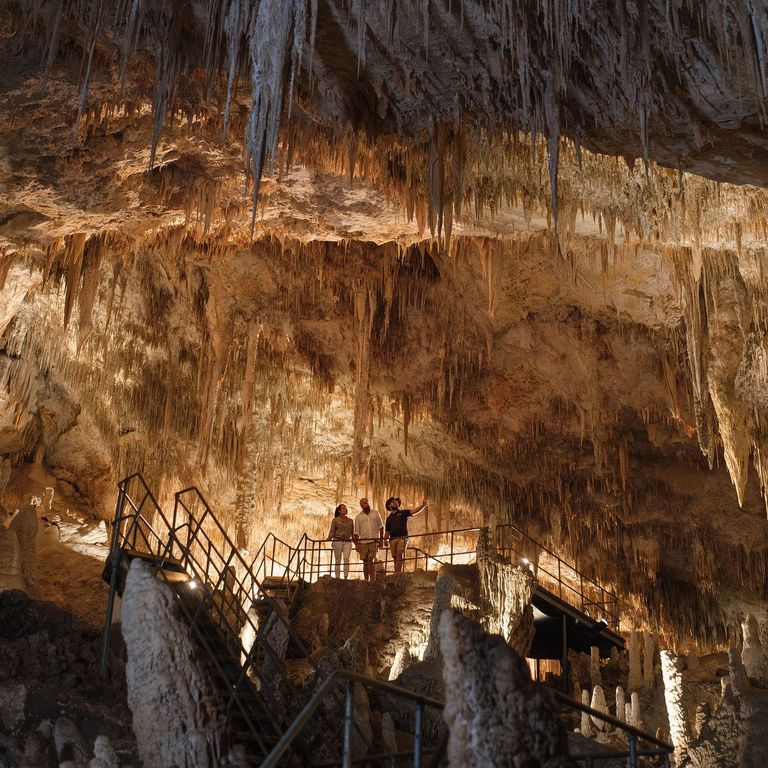 Visitors stand on a viewing platform inside Mammoth Cave, surrounded by tall stalactites and stalagmites in a large, softly lit limestone chamber.