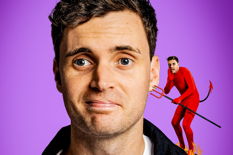 Headshot of comedian, Luke Kidgell, with a superimposed person on his shoulder, dressed in a red devil costume, whispering in Luke's ear.