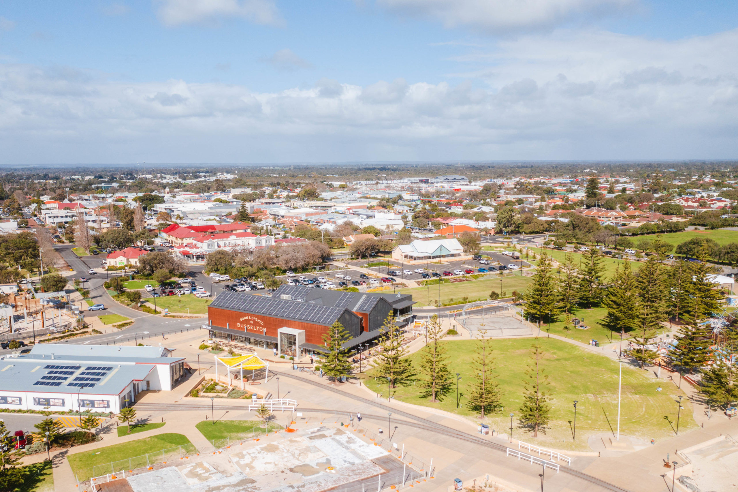 Aerial shot of Busselton Foreshore and Shelter Brewing Co. Credit Dylan Alcock