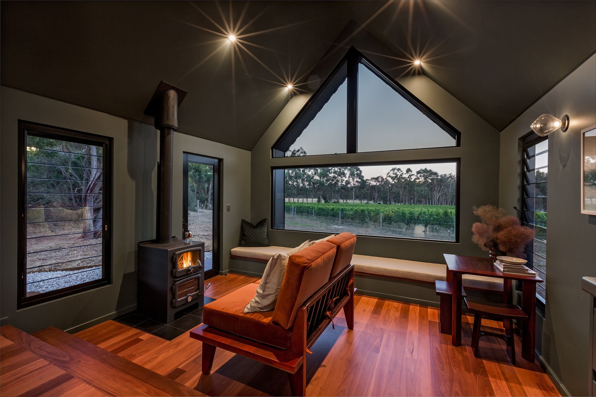 Fireplace inside Petit Eco Cabin at Windows Estate. Credit Ange Wall Photographer