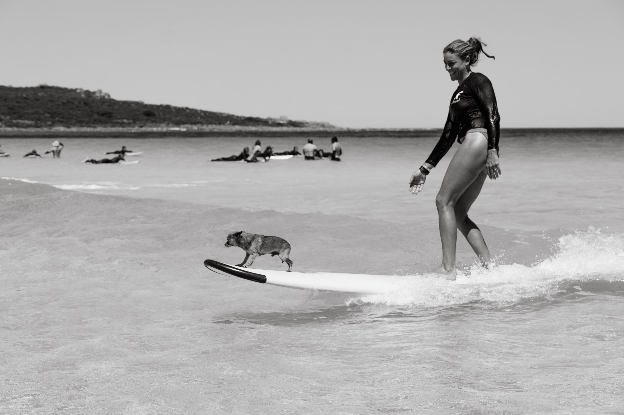 Crystal from Yallingup Surf School surfing with her dog at Smiths Beach. Photo credit Rachel Claire