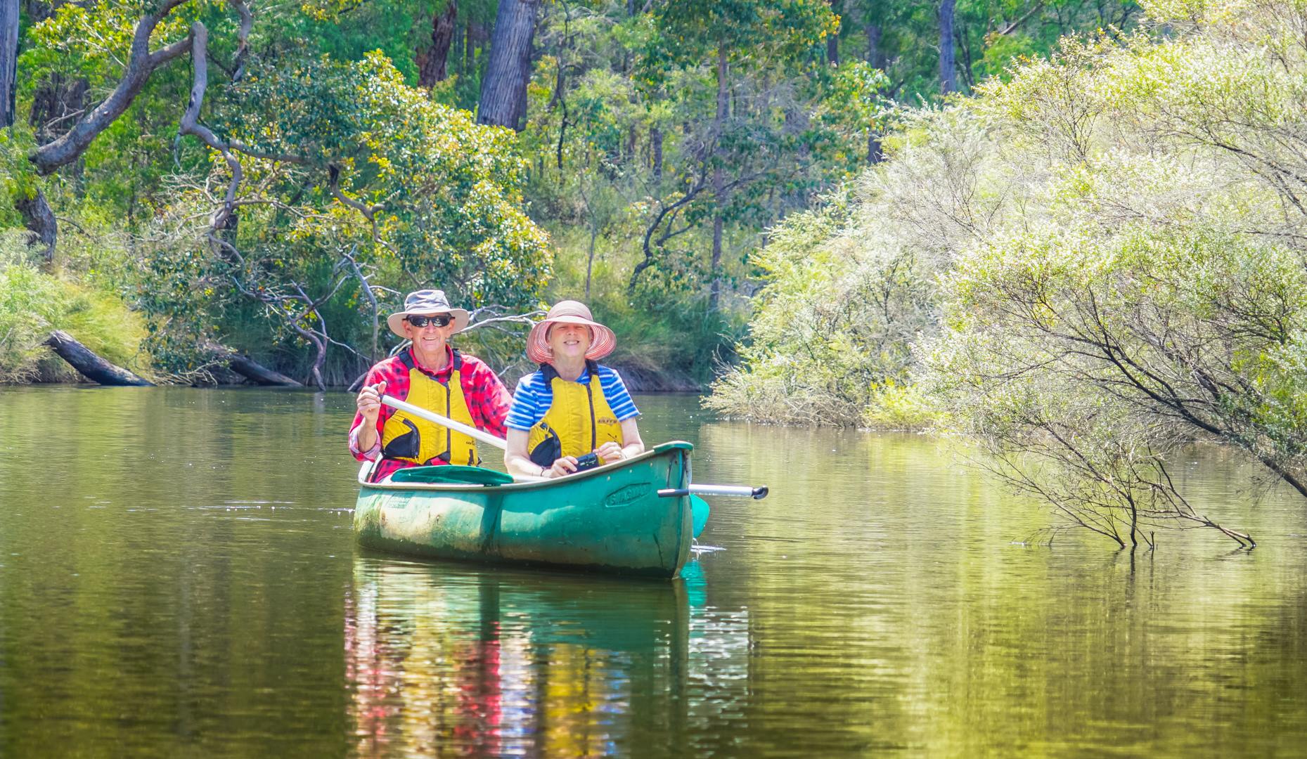 Couple canoeing on the Margaret River. Credit Margaret River Discovery Co