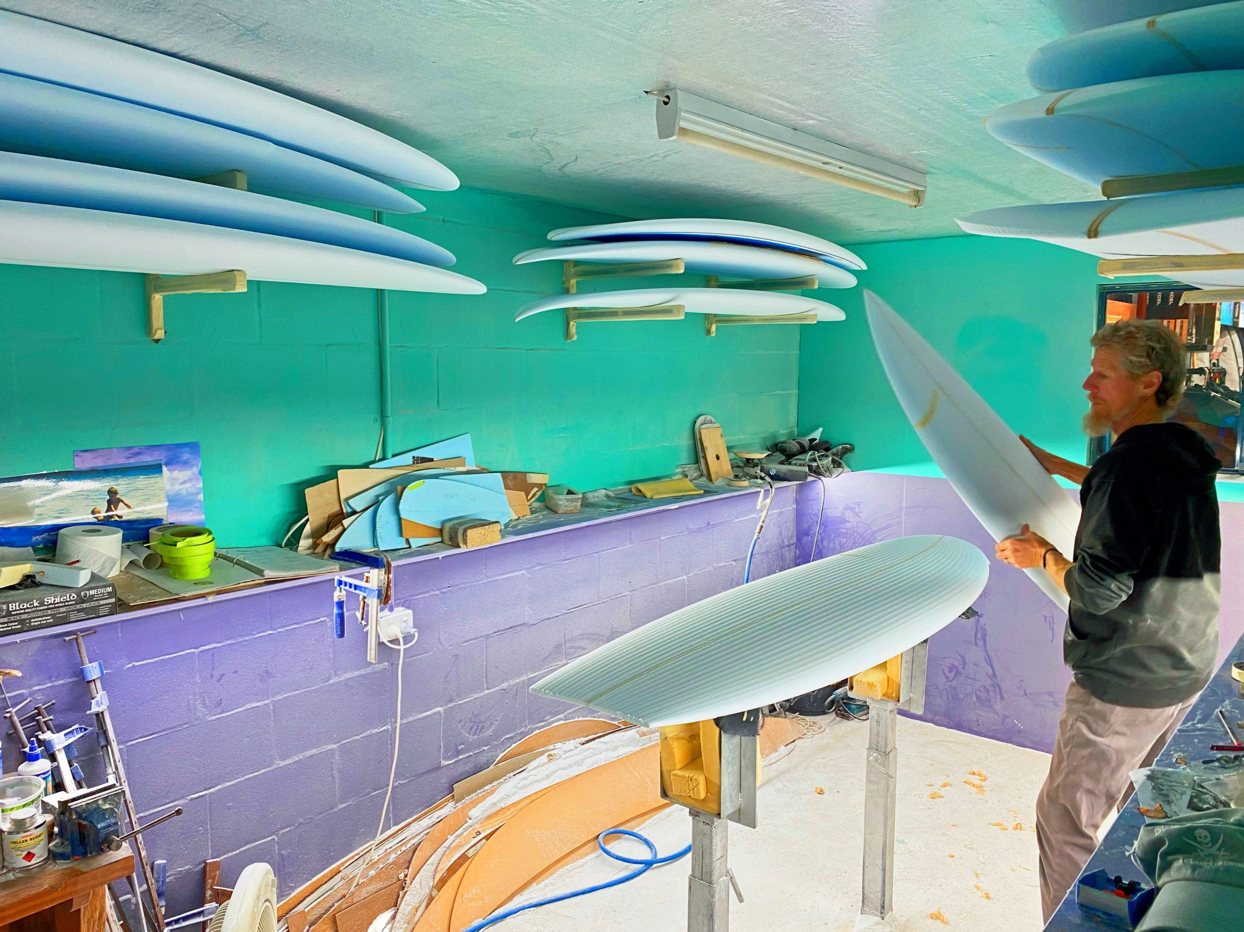 Mark 'Oggy' Ogram, in his Dunsborough surfboard shaping studio