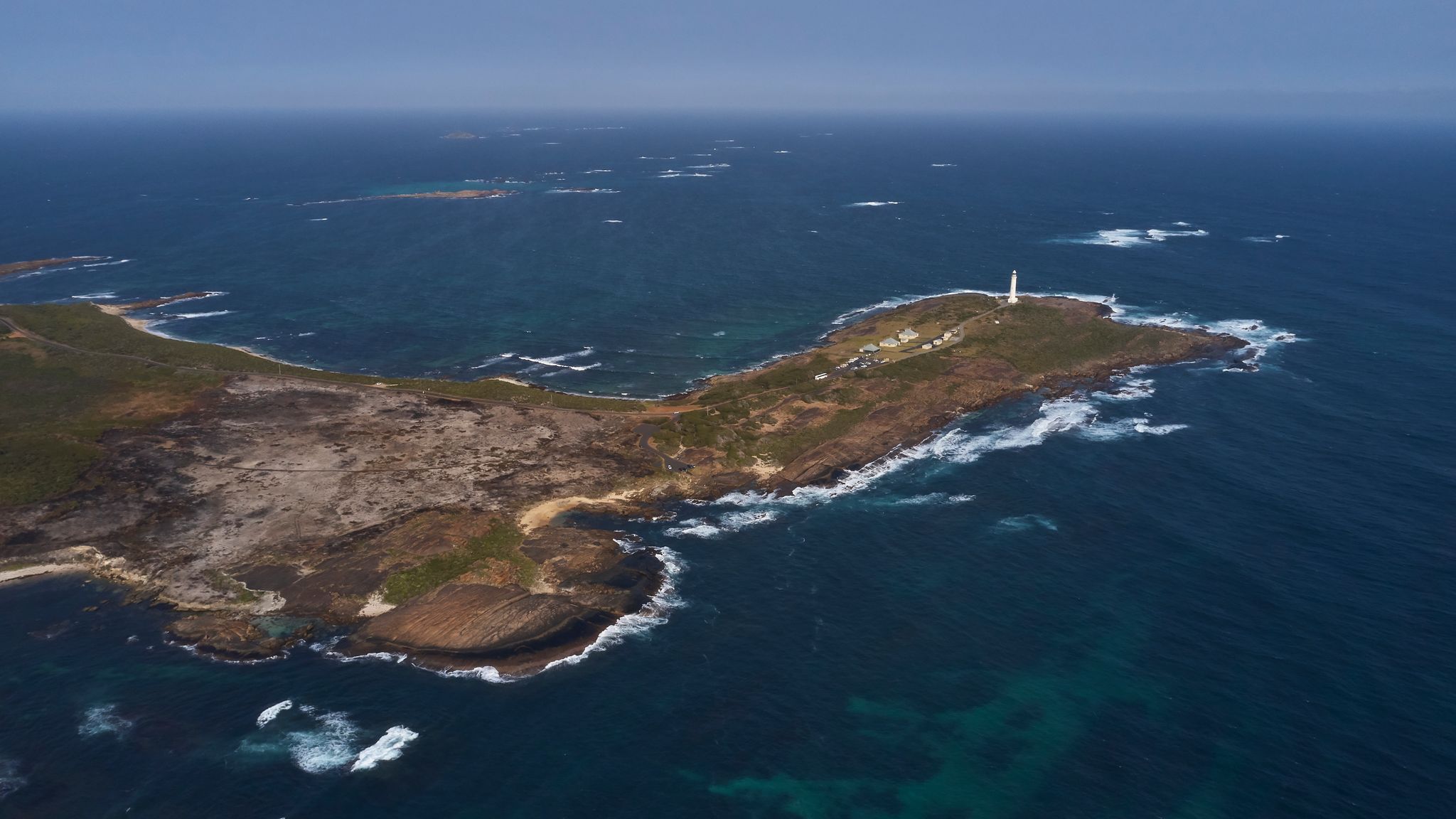 Aerial view of Cape Leeuwin, including the lighthouse. Credit Tim Campbell.