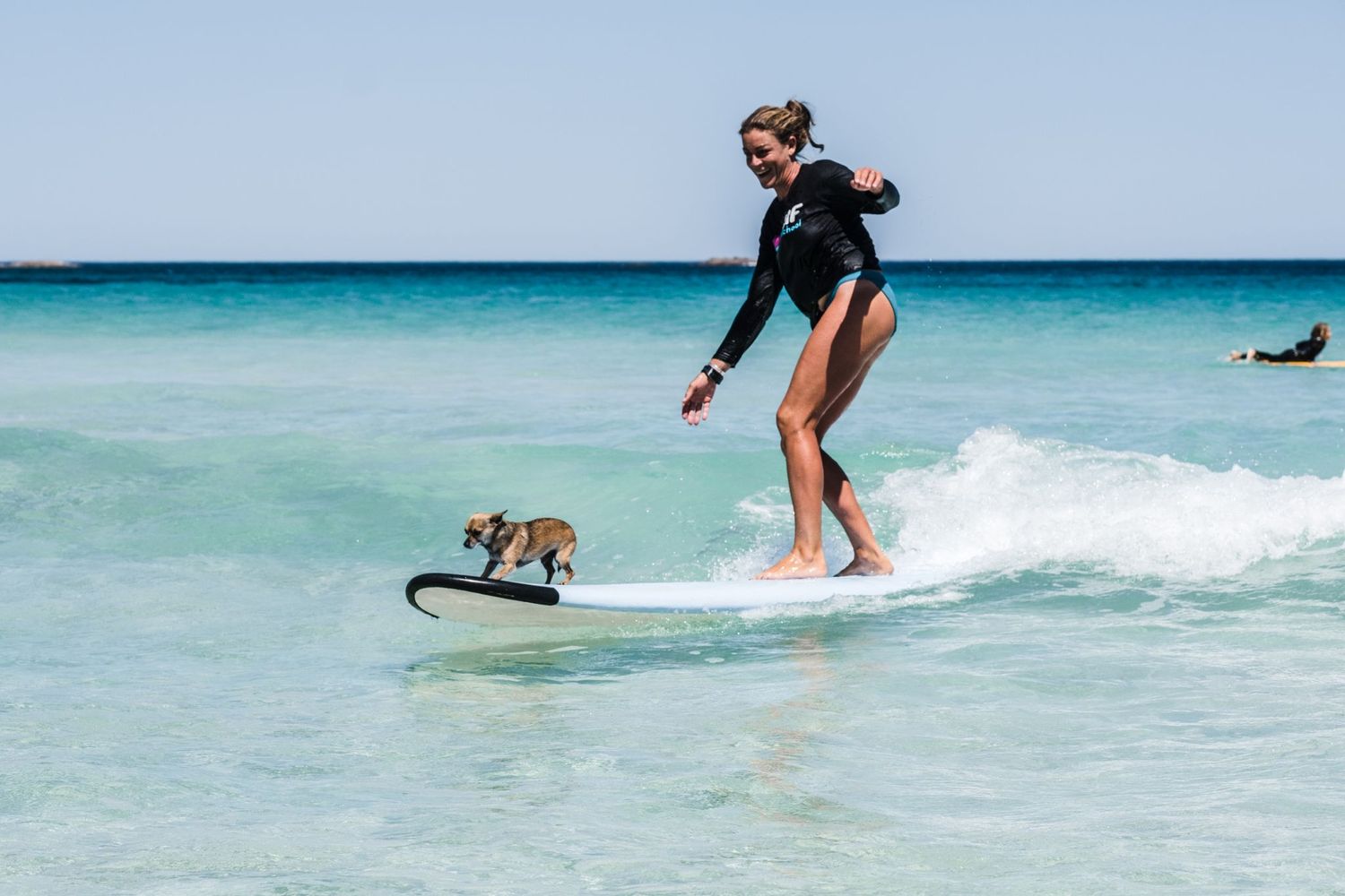 Crystal from Yallingup Surf School surfing with her dog at Smiths Beach. Credit Rachel Claire.