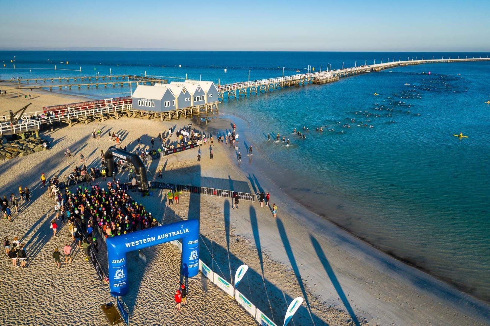 Aerial shot of the Ironman Busselton start line, next to the Busselton Jetty.