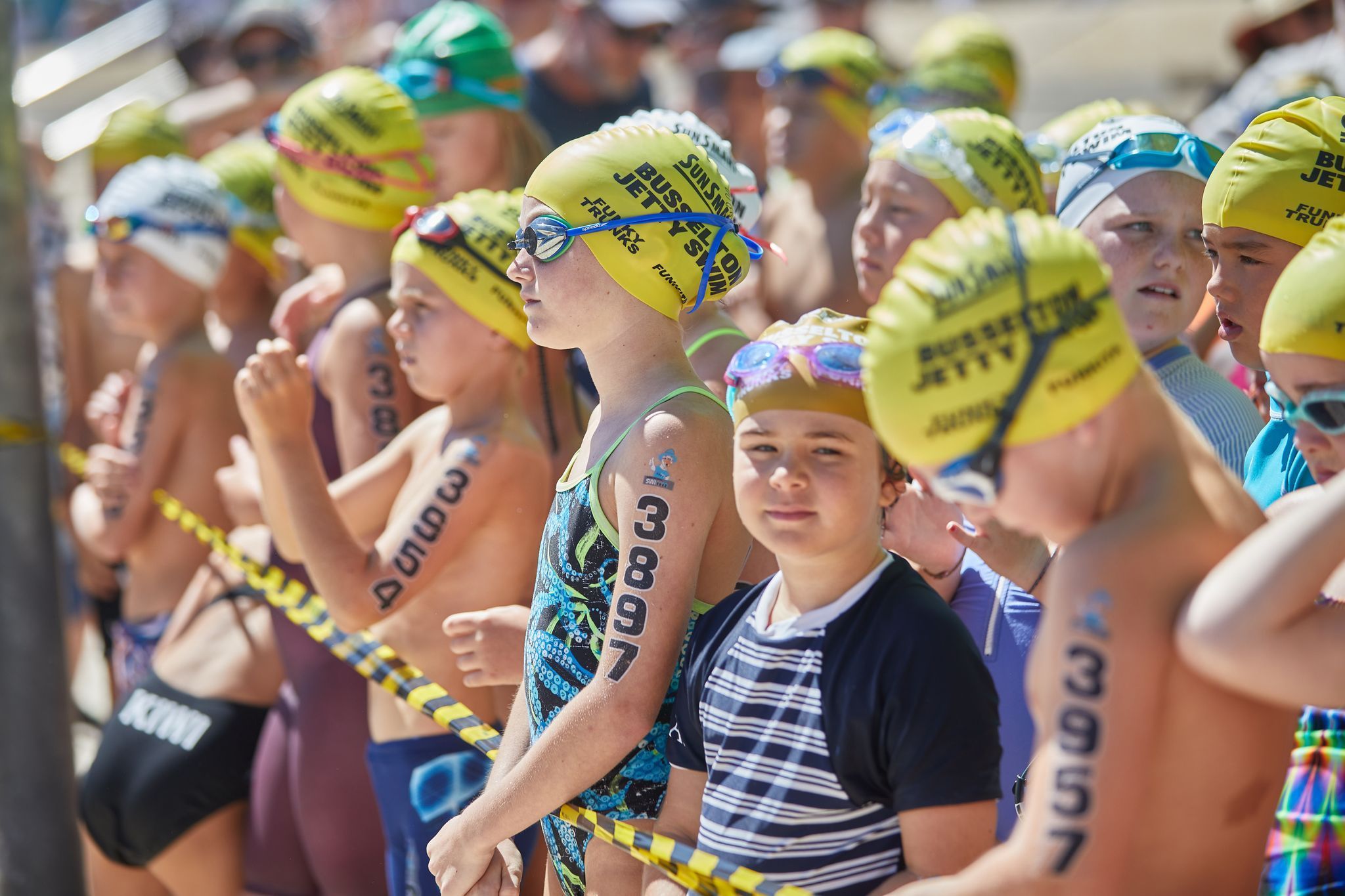 Kids preparing at the start line of the Busselton jetty Swim 2022.