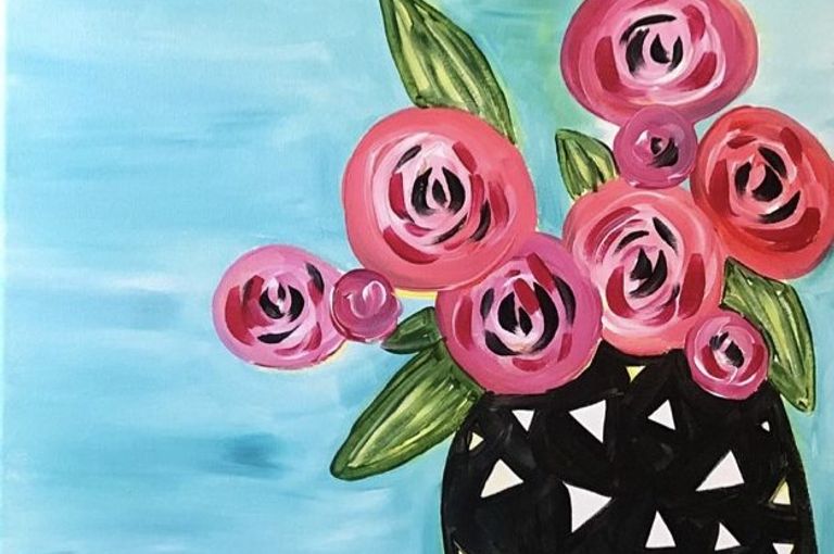 Painting of a black and white vase with pink flowers in it, against a blue background