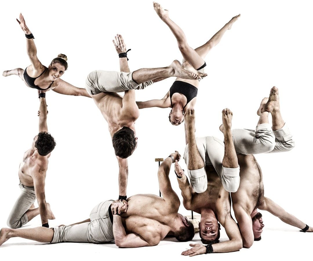 Acrobats balanced in a human pyramid, holding handstands and lifts against a plain white background.