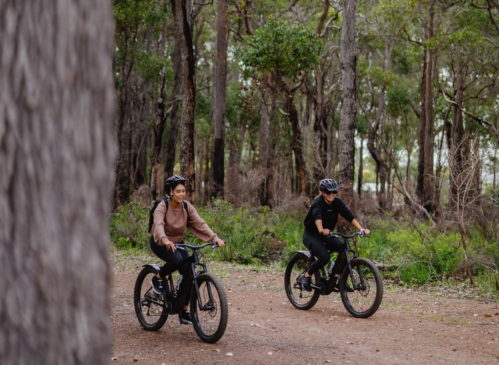People riding a bike through the forest along a gravel path