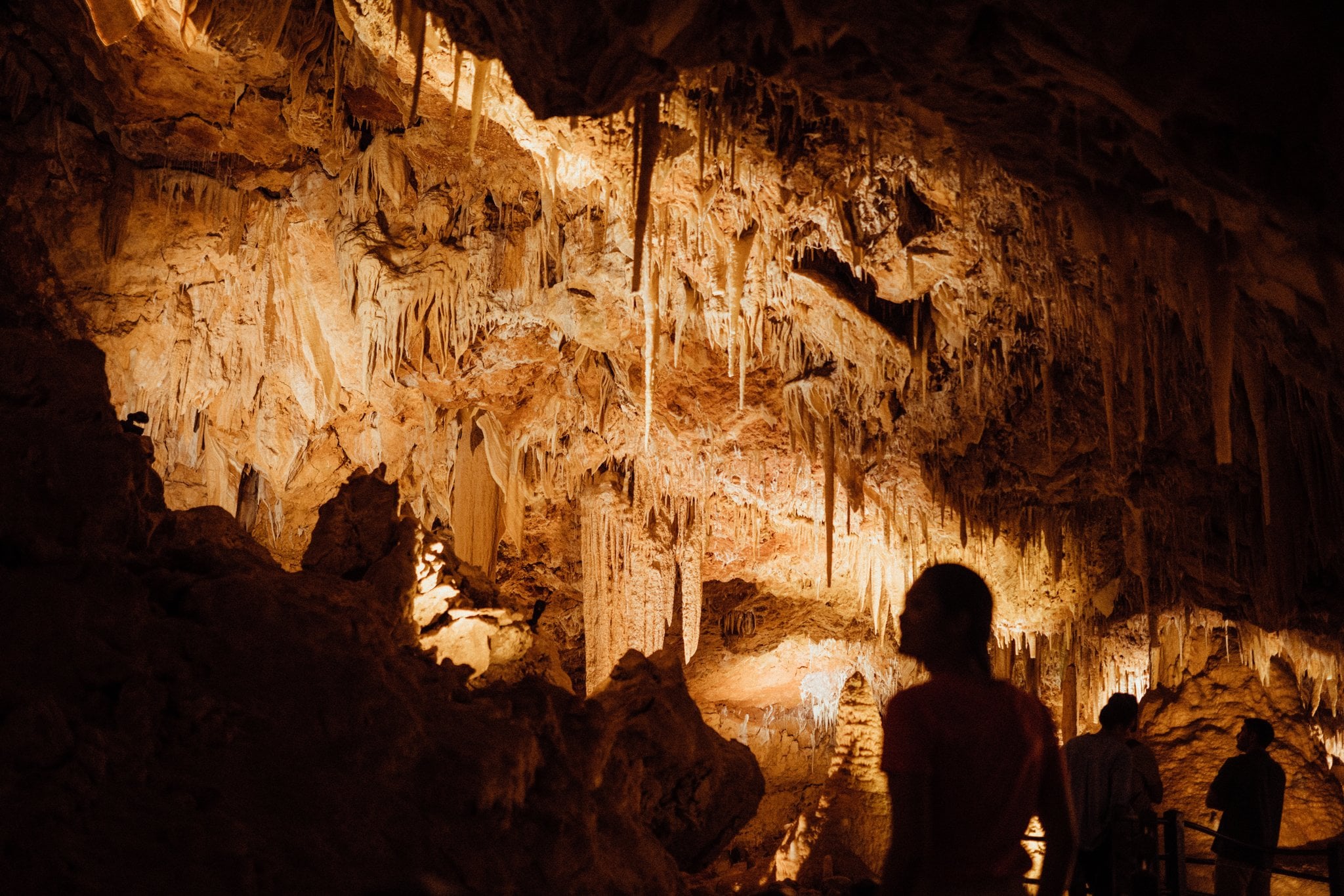 People in a cave looking up at the size of the cavern and decorations