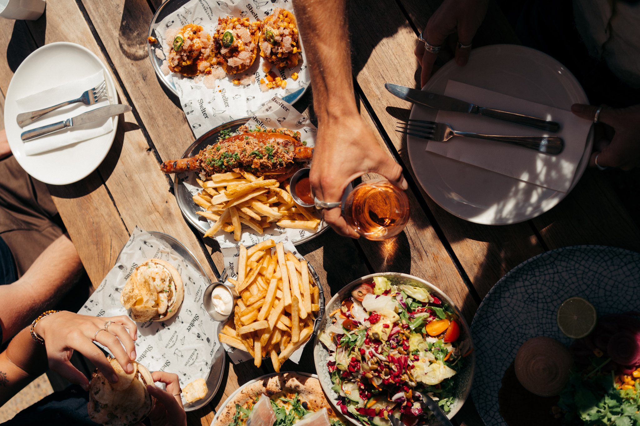 Food and drink on a wooden table