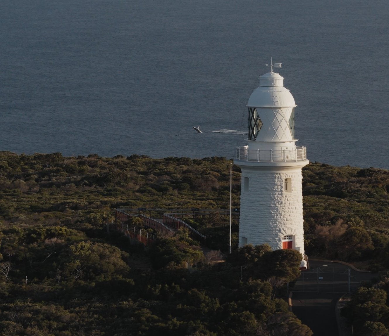 Cape Naturaliste Lighthouse with ocean in the background and whale breaching