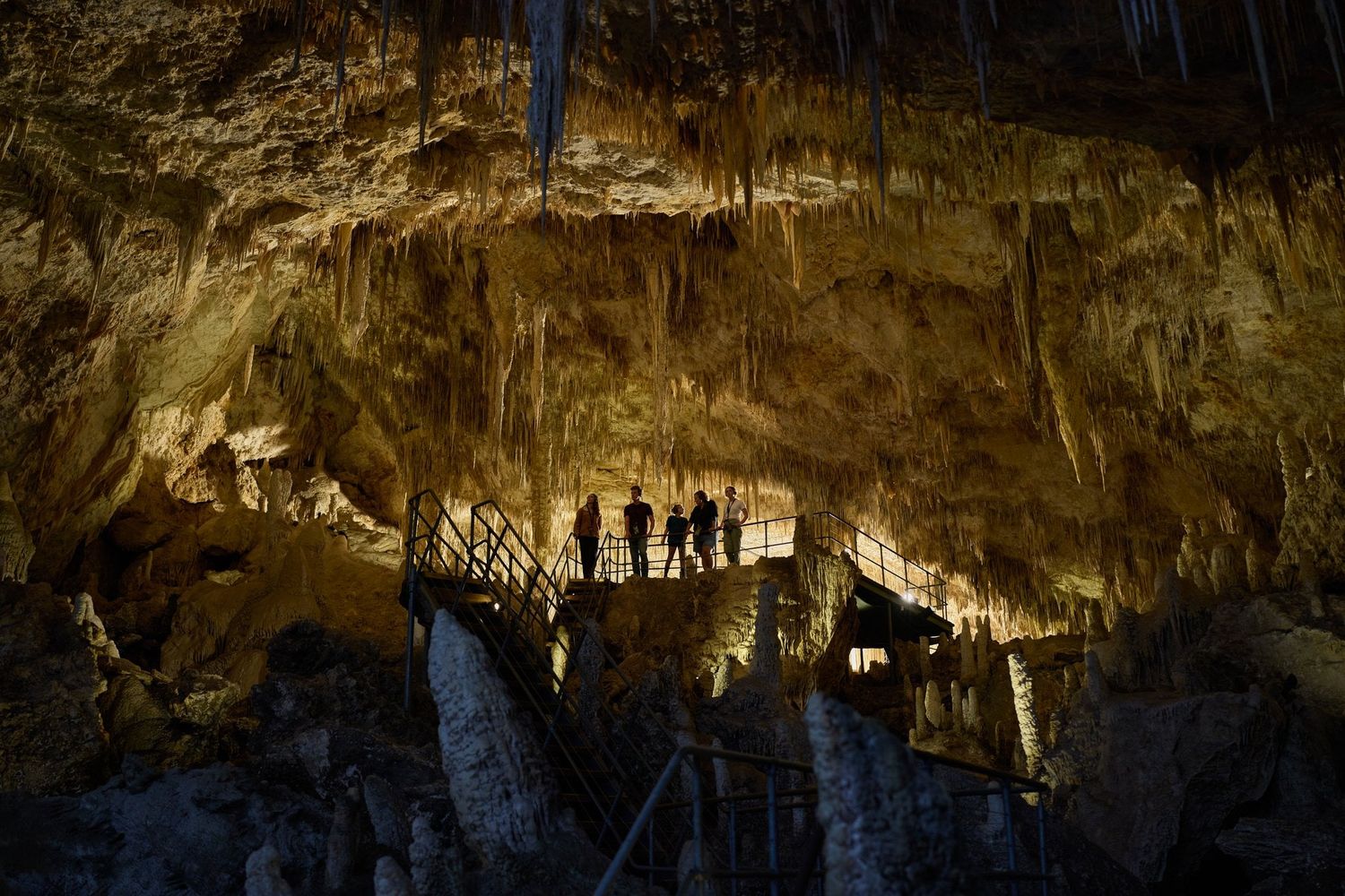 A group of visitors on a platform inside Mammoth Cave