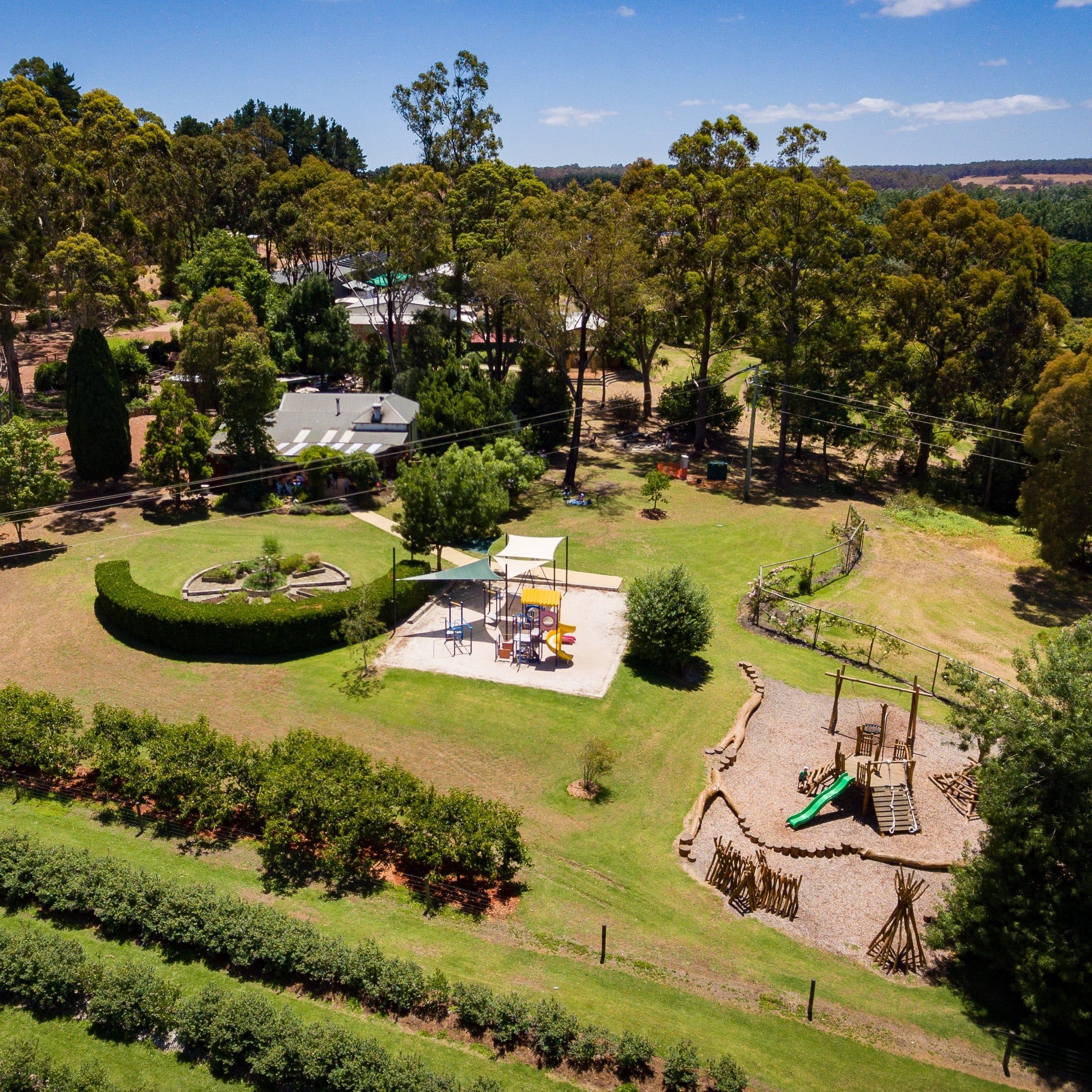 Aerial photo of The Berry Farm with playgrounds in view precinct with playgrounds in view.