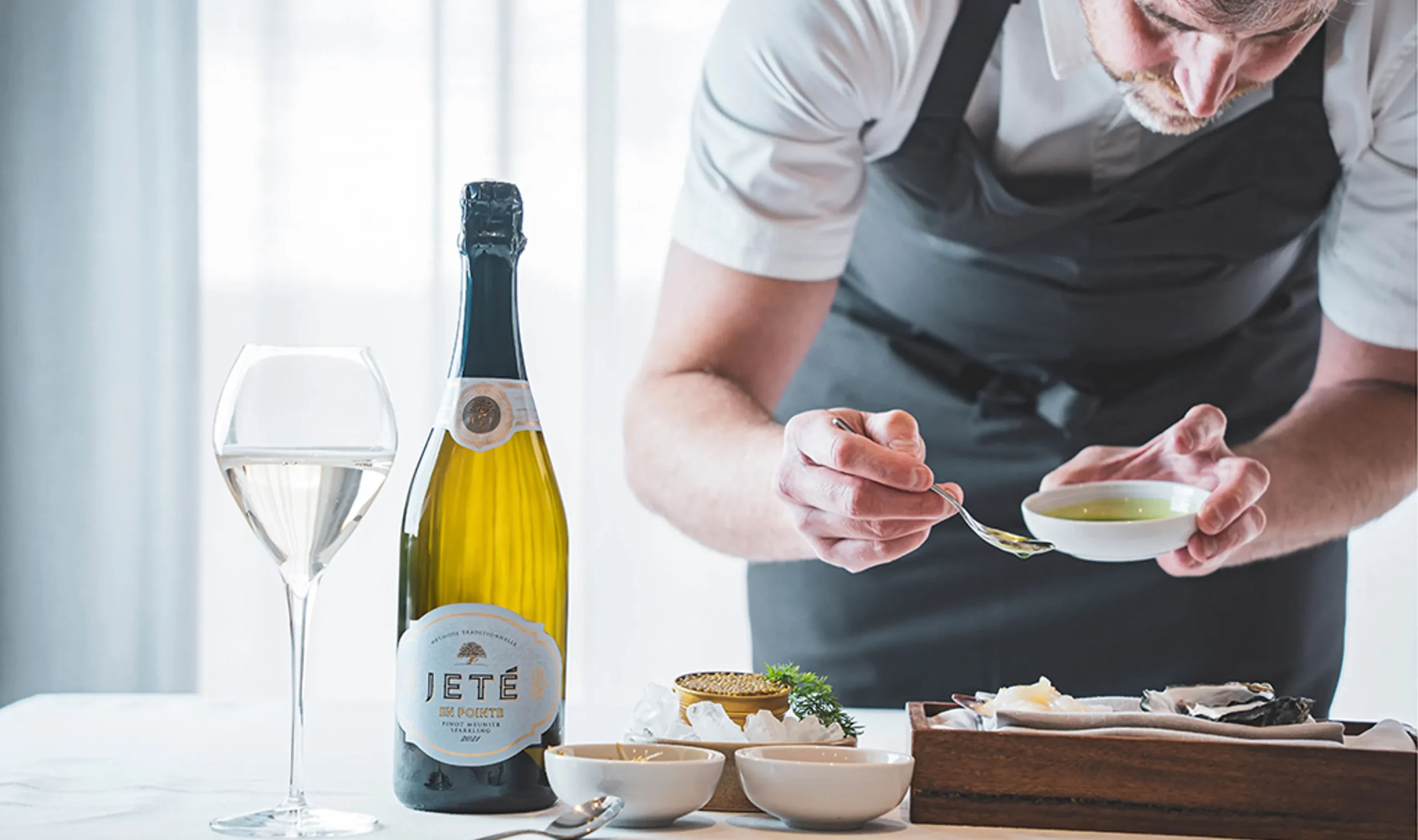 Howard Park Jete sparkling wine served alongside freshly shucked oysters.