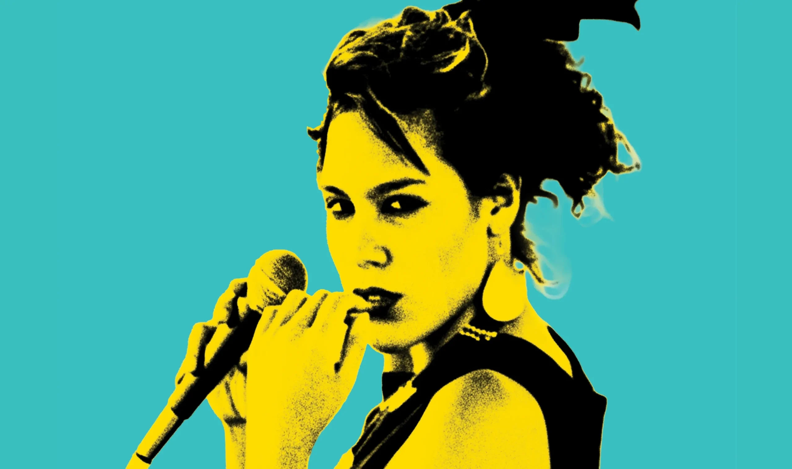 Neon yellow graphic art print of Kate Cebrano with microphone.